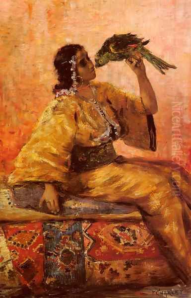 A Moroccan Beauty Holding A Parrot Oil Painting by Frantz Charlet