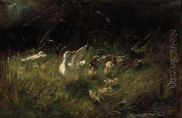 Ducks And Ducklings In The Grass Oil Painting by Fransiscus Willem Helfferich