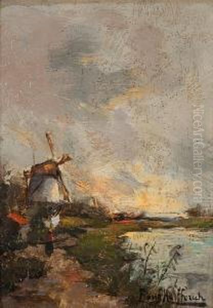 Landschaft Mit Windmuhle Oil Painting by Fransiscus Willem Helfferich