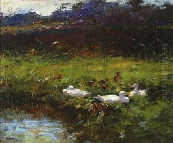 Ducks On A Bank Oil Painting by Fransiscus Willem Helfferich