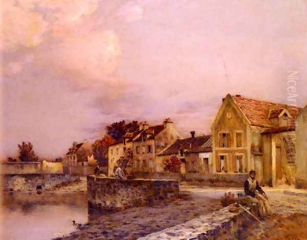 Figures At The Village Pond, Sunset Oil Painting by Jean-Charles Cazin