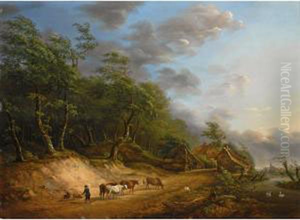 A Cowherd And His Cows On A Country Road Oil Painting by Pierre Jean Hellemans