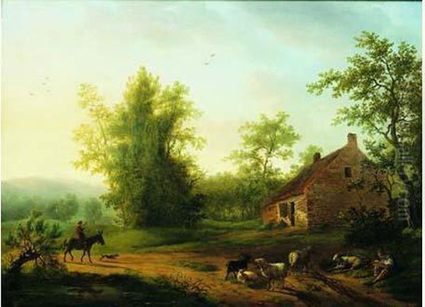 Berger Et Son Troupeau Devant Une Ferme Oil Painting by Pierre Jean Hellemans