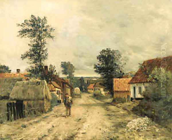 A Young Man Traveling through a Village Oil Painting by Jean-Charles Cazin