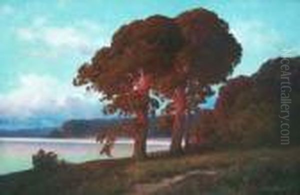 Markische Seenlandschaft Mit Rotlich Leuchtenden Kiefern Im Abendlicht Oil Painting by Rudolf Hellgrewe