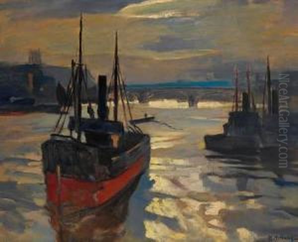 Die Themse Mit Tower Bridge Und Schiffen Oil Painting by Rudolf Hellwag