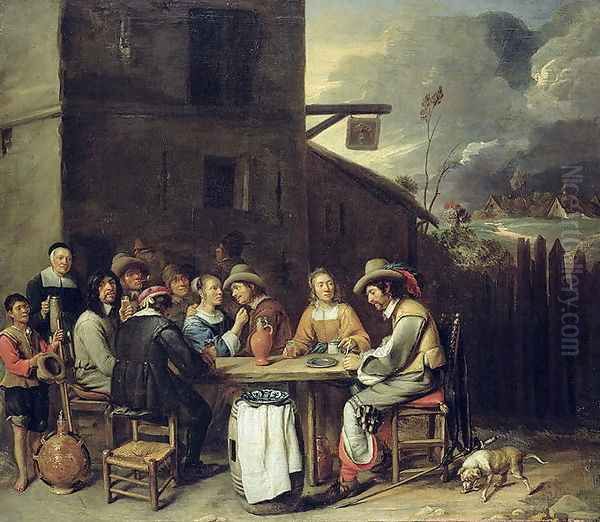 Companions Carousing in front of a Tavern, 1640-50 Oil Painting by Joos van Craesbeeck