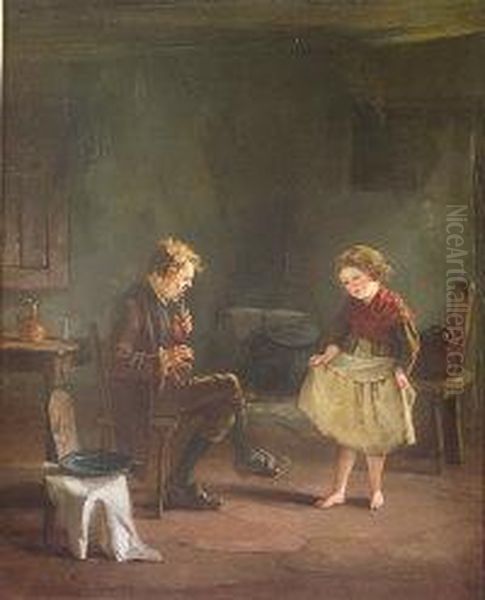 Little Girl Dancing To Old Gentleman Playing A Flute In An Interior Oil Painting by Howard Helmick