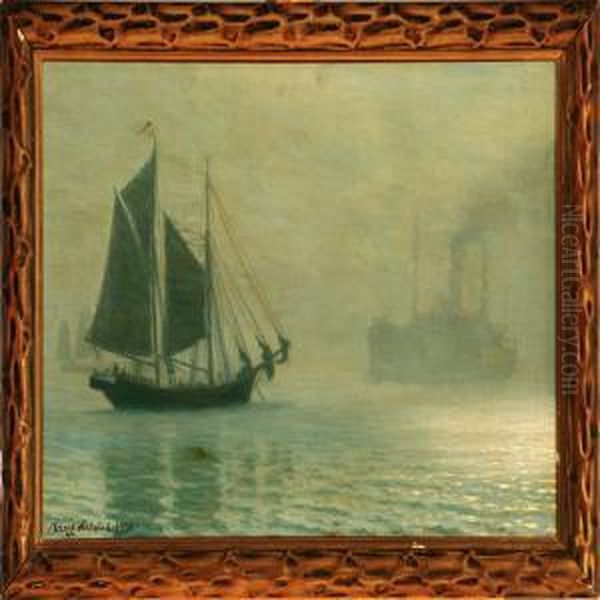 Marine With Steamship Passing A Schooner In Heavy Fog Oil Painting by Viggo Helsted