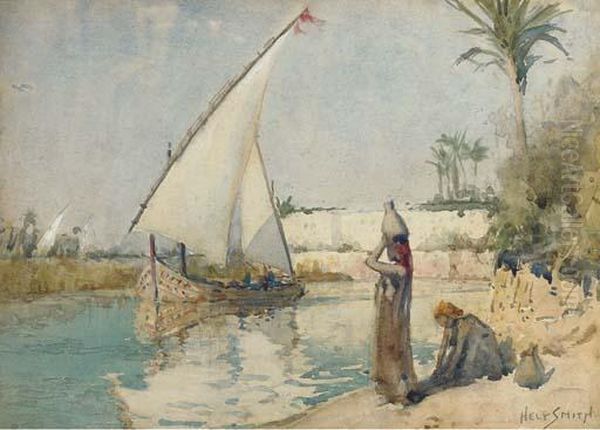 Water Carriers On The Banks Of The Nile With A Felucca Ghostingby Oil Painting by Augustus Morton Hely-Smith