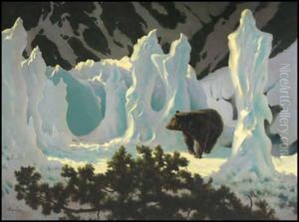 Grizzly Bear In Ice Forms In The Rockies Oil Painting by Arthur Henry Howard Heming