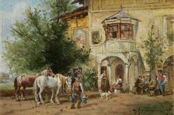 Pferde Und Bauern Vor Dem Wirtshaus Oil Painting by Georg Hemmrich