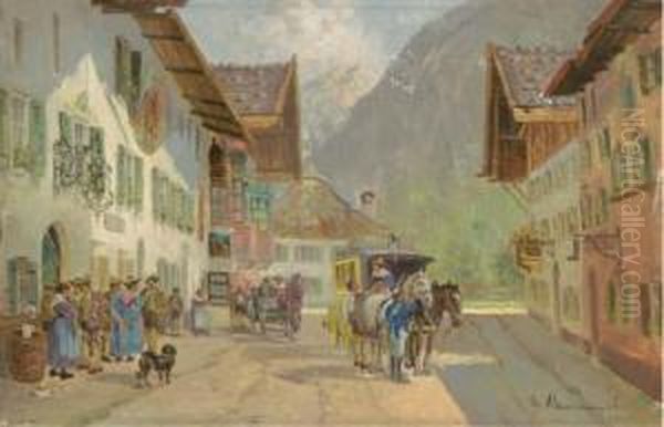 A Gathering Outside An Alpine Tavern Oil Painting by Georg Hemmrich