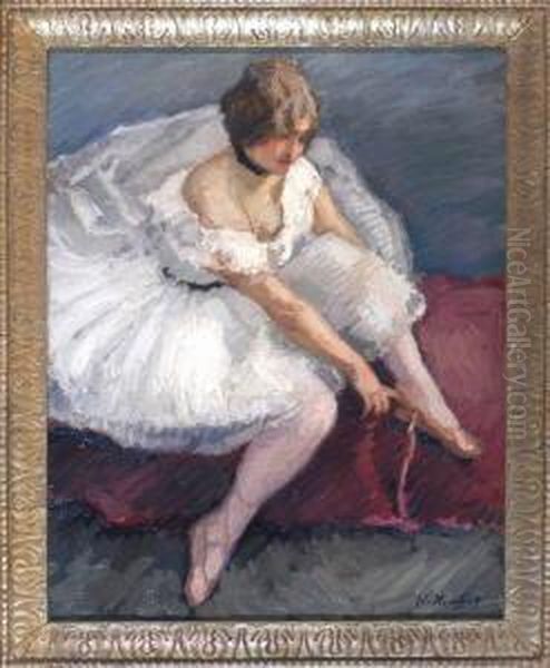 Ballerina, Sich Die Schuhe Bindend Oil Painting by Wilhelm Hempfing