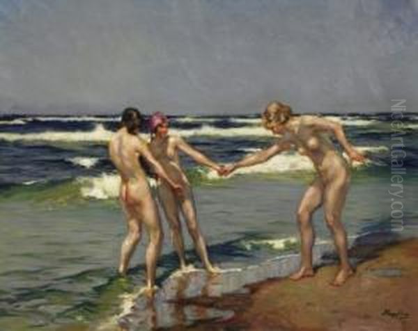 Three Young Women Bathing On The Beach. Signed Bottom Right: Hempfing Oil Painting by Wilhelm Hempfing