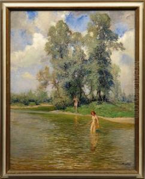 Badende Akte Am Sommerlichen Seeufer Oil Painting by Wilhelm Hempfing