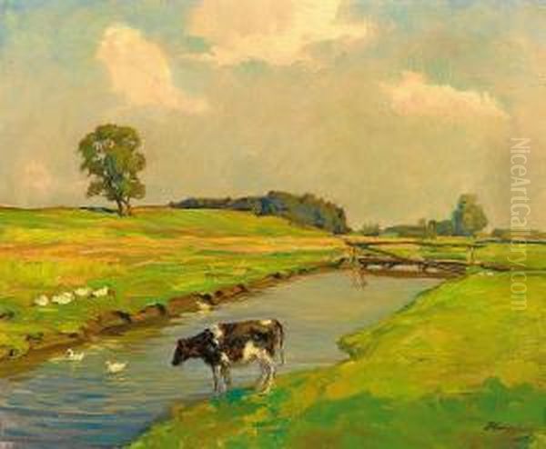 Abendsonne An Der Schwall Oil Painting by Wilhelm Hempfing