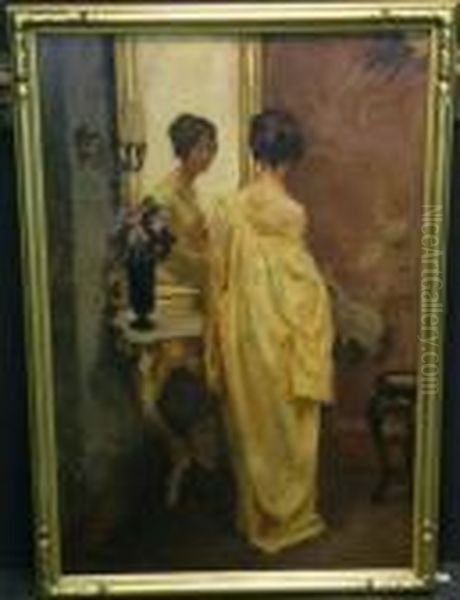 Woman In Kimono Before A Mirror Oil Painting by Wilhelm Hempfing