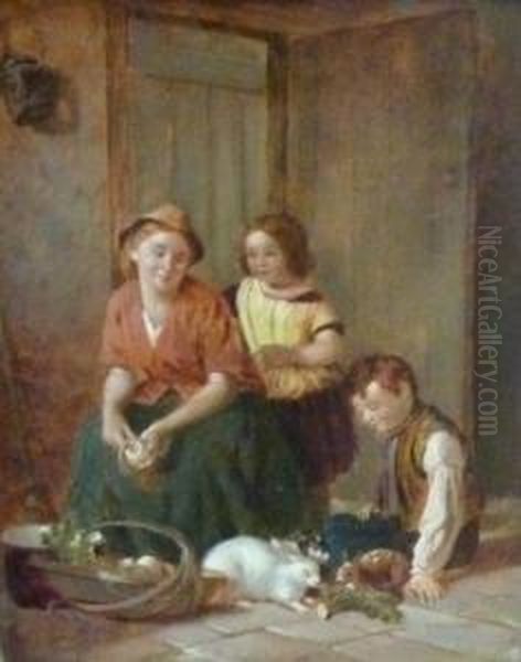 Mother And Children With Rabbits Oil Painting by William Hemsley