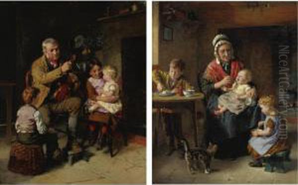 Grandfather's Recital And Grandmother's Charges: A Pair Oil Painting by William Hemsley