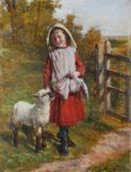 Girl With A Lamb By A Gate Oil Painting by William Hemsley