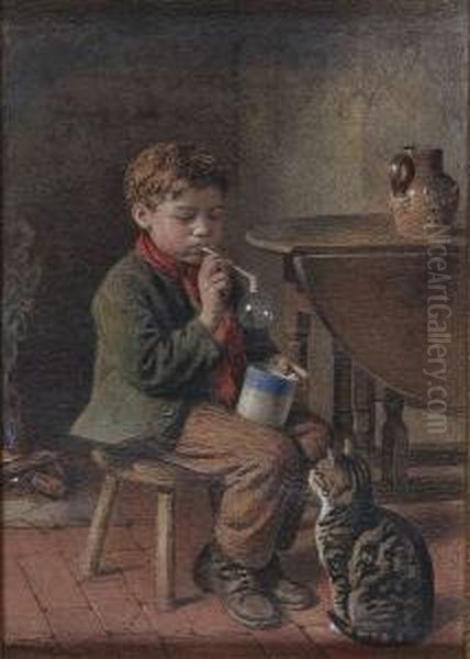 Boy Blowing A Bubble, Being Watched By A Cat Oil Painting by William Hemsley