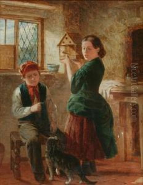 Children In An Interior With Cat Oil Painting by William Hemsley