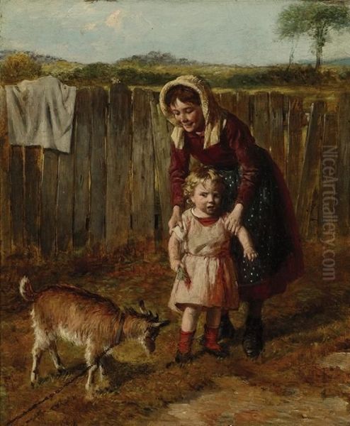 Mother And Child With Young Goat Oil Painting by William Hemsley