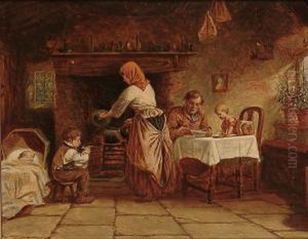 A Family In A Cottage Interior Oil Painting by William Hemsley