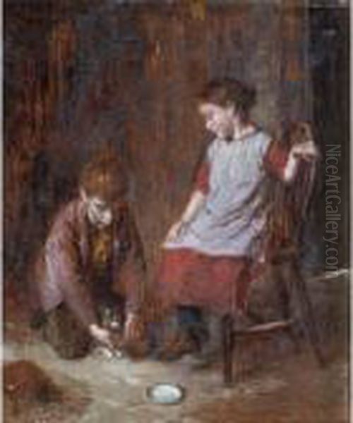 The Contest; A Bowl Of Milk Oil Painting by William Hemsley