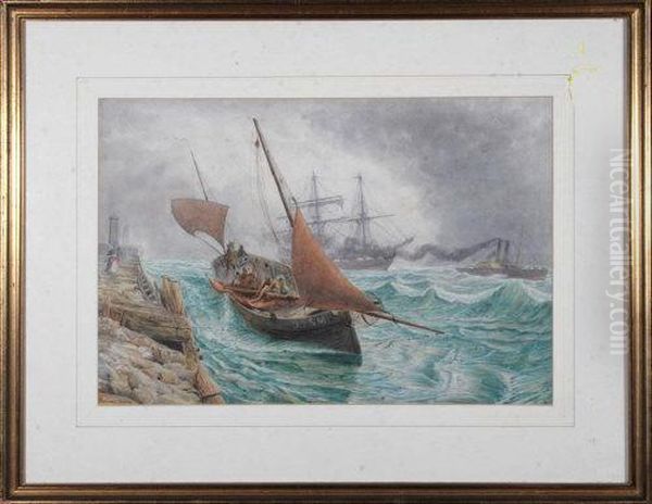 A Sailing Trawler, A Sailing Ship And A Paddle Tug Entering Harbour Oil Painting by Bernard Benedict Hemy