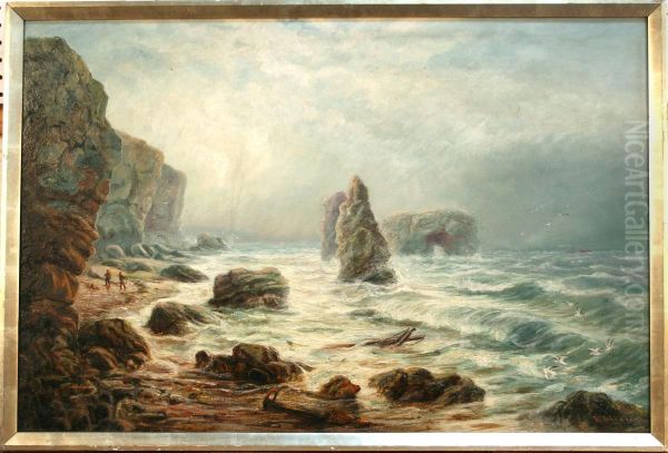 Rocky Coastal View With Twofisherman Hauling In Nets Oil Painting by Bernard Benedict Hemy