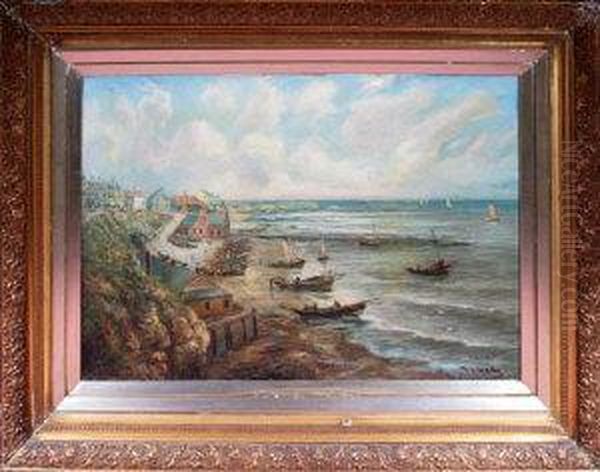 Cullercoats Bay With Fishing Cobles On The Beach Oil Painting by Bernard Benedict Hemy