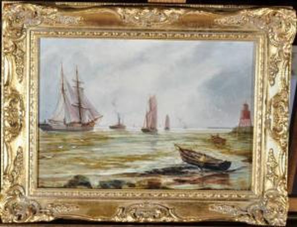 Shipping And Steam Tug Off The Coast Oil Painting by Bernard Benedict Hemy