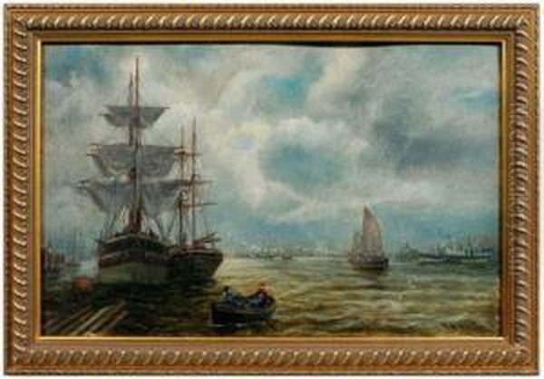 Busy Harbor Scene Oil Painting by Bernard Benedict Hemy