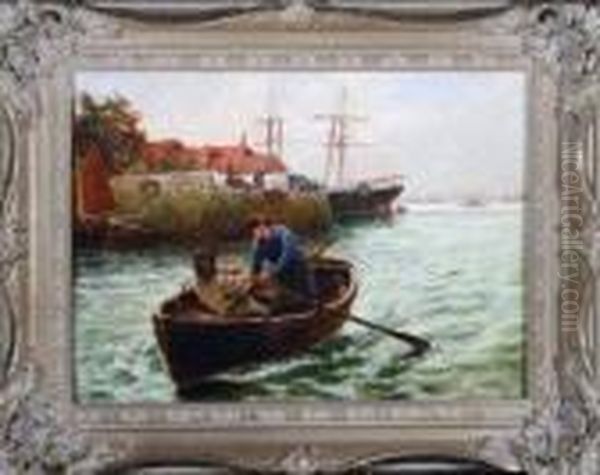 Two Men In A Rowing Boat On The River Tyne Oil Painting by Bernard Benedict Hemy