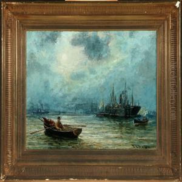 Harbour Scenery With Nummerous Ships Oil Painting by Bernard Benedict Hemy