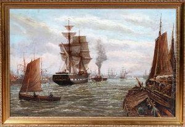 The Trading Brig Die Zwillinge Of Rostock Leaving The Port Of North Shields Under Tow Oil Painting by Bernard Benedict Hemy