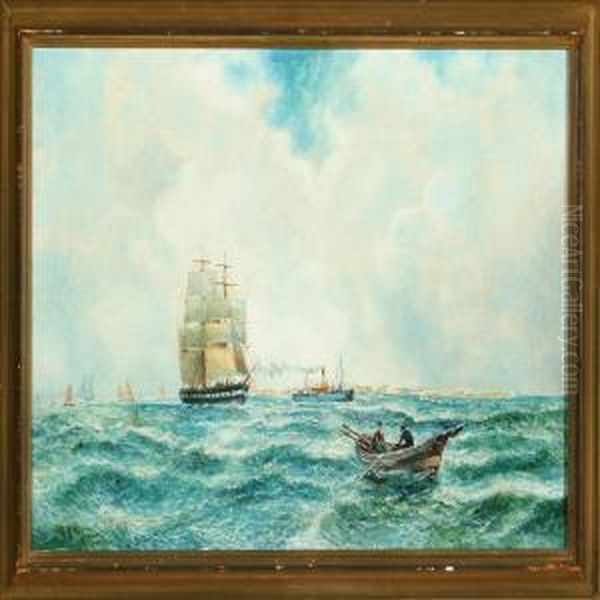 Seascape With Sailing Ships At Sea Oil Painting by Bernard Benedict Hemy