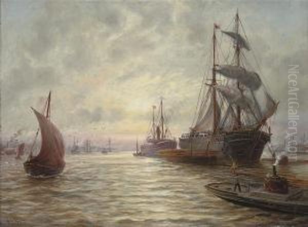 A Busy Day On The Tyne (illustrated); And Working Tugs On Theriver Oil Painting by Bernard Benedict Hemy