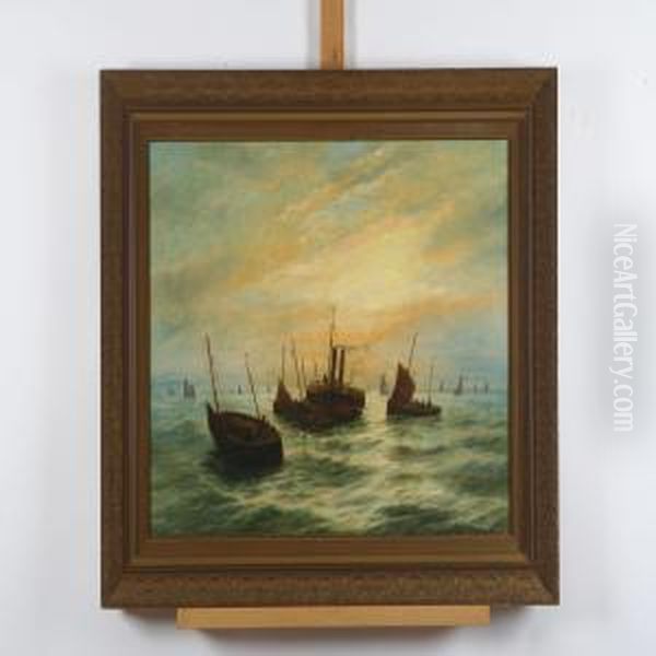 An Oceanscenery With Fishing Boats And Ships Oil Painting by Bernard Benedict Hemy