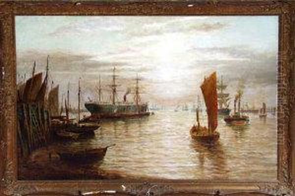 A Sail-assisted Steam Coaster, Fishing Boats And Other Vessels On The Tyne Oil Painting by Bernard Benedict Hemy