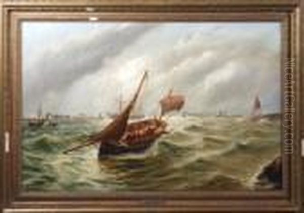 A Sailing Trawler Entering The 
Port Of Tyne With The Groyne Lighthouse And Other Shipping In The 
Background Oil Painting by Bernard Benedict Hemy