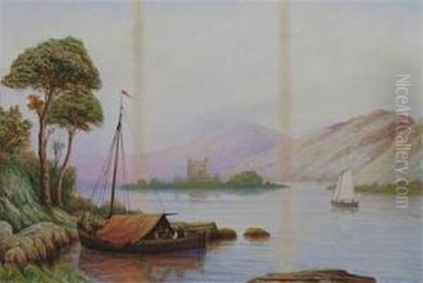 A Lakeland Scene With Fishing Boat, Mountains Beyond Oil Painting by Bernard Benedict Hemy