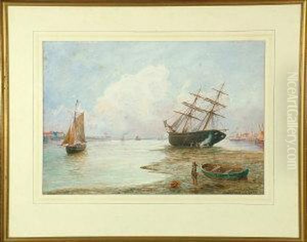 A Merchant Brig Undergoing Repairs At A Harbour Mouth Oil Painting by Bernard Benedict Hemy