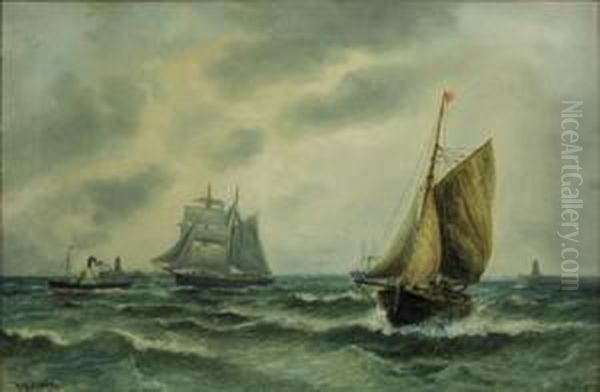 Sailing Vessels And A Paddle Steamer Leave Harbour Oil Painting by Bernard Benedict Hemy