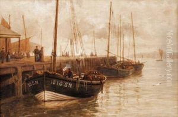 Fishing Boats On A Quayside Oil Painting by Bernard Benedict Hemy