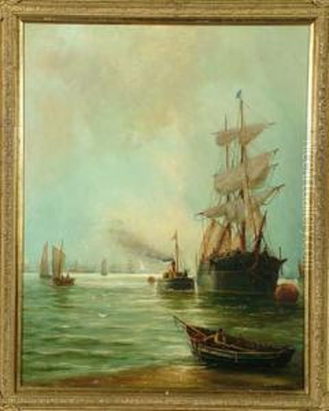 19in. X 14 3/4in. Shipping On The Tyne Signed Oil Painting by Bernard Benedict Hemy