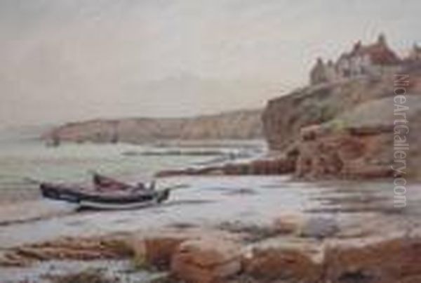 Fishing Boats Aground On A Yorkshire Beach. Oil Painting by Bernard Benedict Hemy