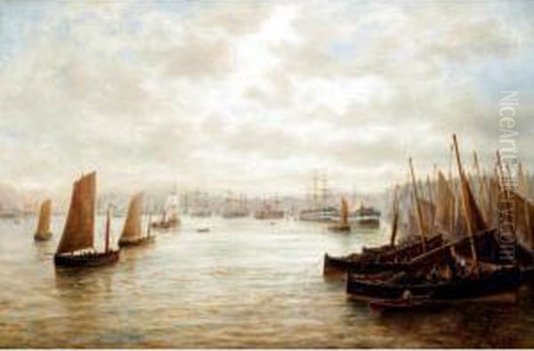 River Port With Barges Oil Painting by Bernard Benedict Hemy